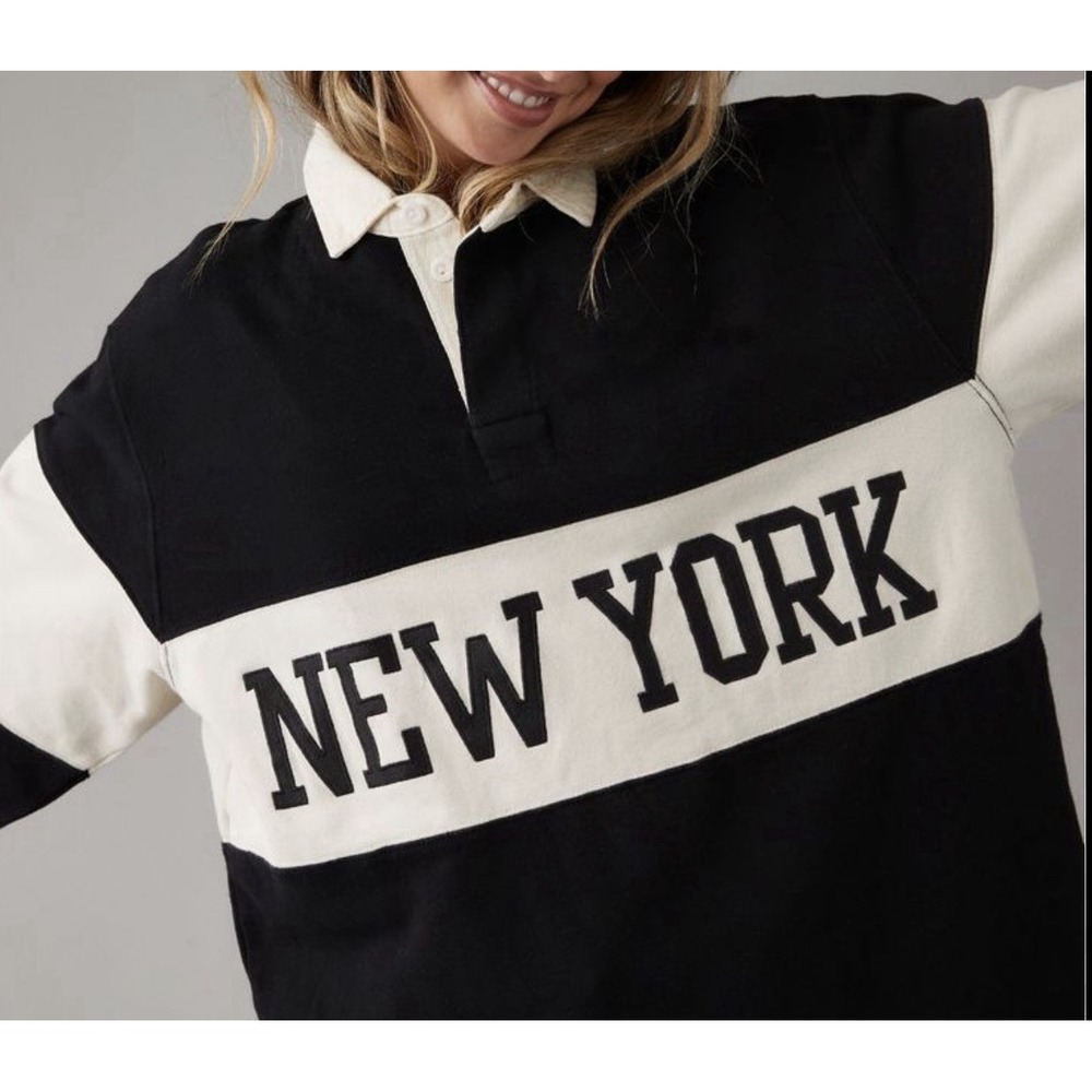American Eagle Black and White New York Rugby Long Sleeve Shirt Women's Size M